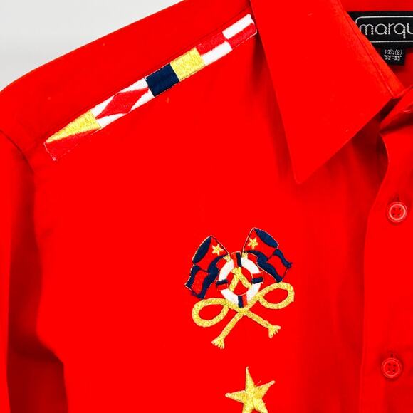 80s Marquis Red Nautical Long Sleeve Button Down Gold Sailing Patch Size S - Picture 2 of 6